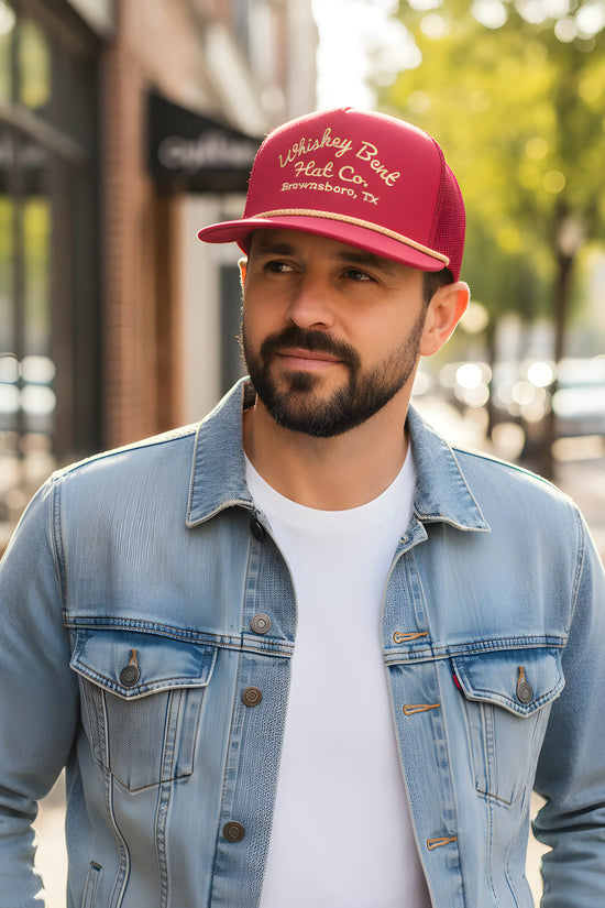 “Whiskey Bent Trucker Cap – Maroon Edition”