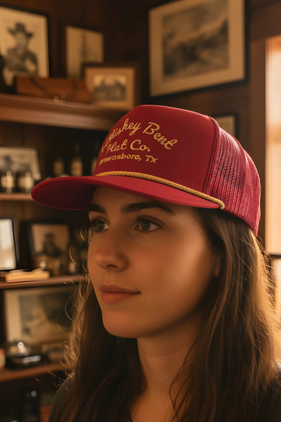 “Whiskey Bent Trucker Cap – Maroon Edition”
