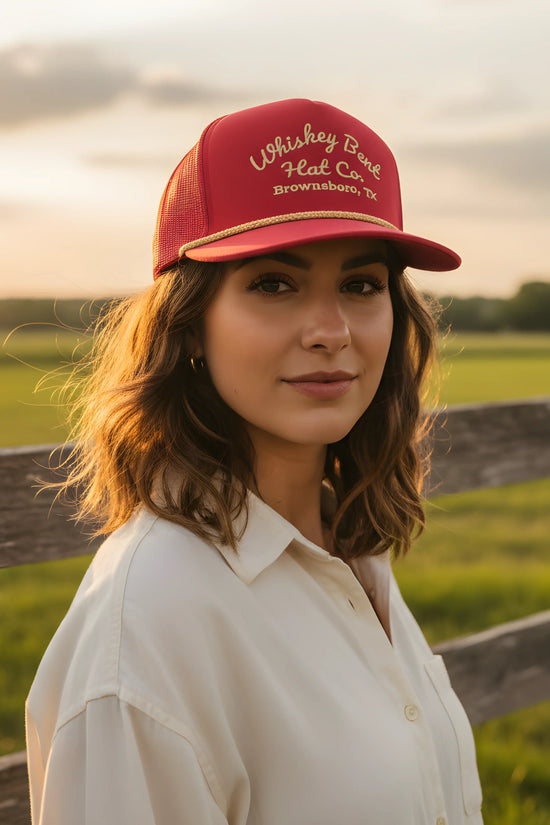 “Whiskey Bent Trucker Cap – Maroon Edition”