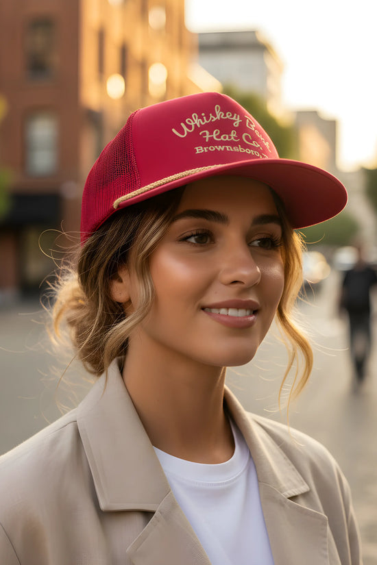 “Whiskey Bent Trucker Cap – Maroon Edition”