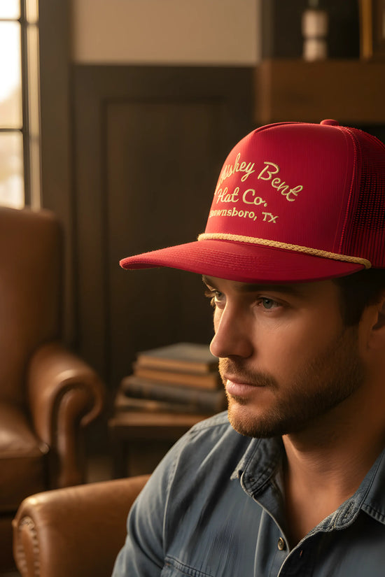 “Whiskey Bent Trucker Cap – Maroon Edition”