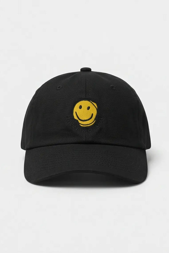 Yellow Smiley Face Embroidered Baseball Cap – Jet Black