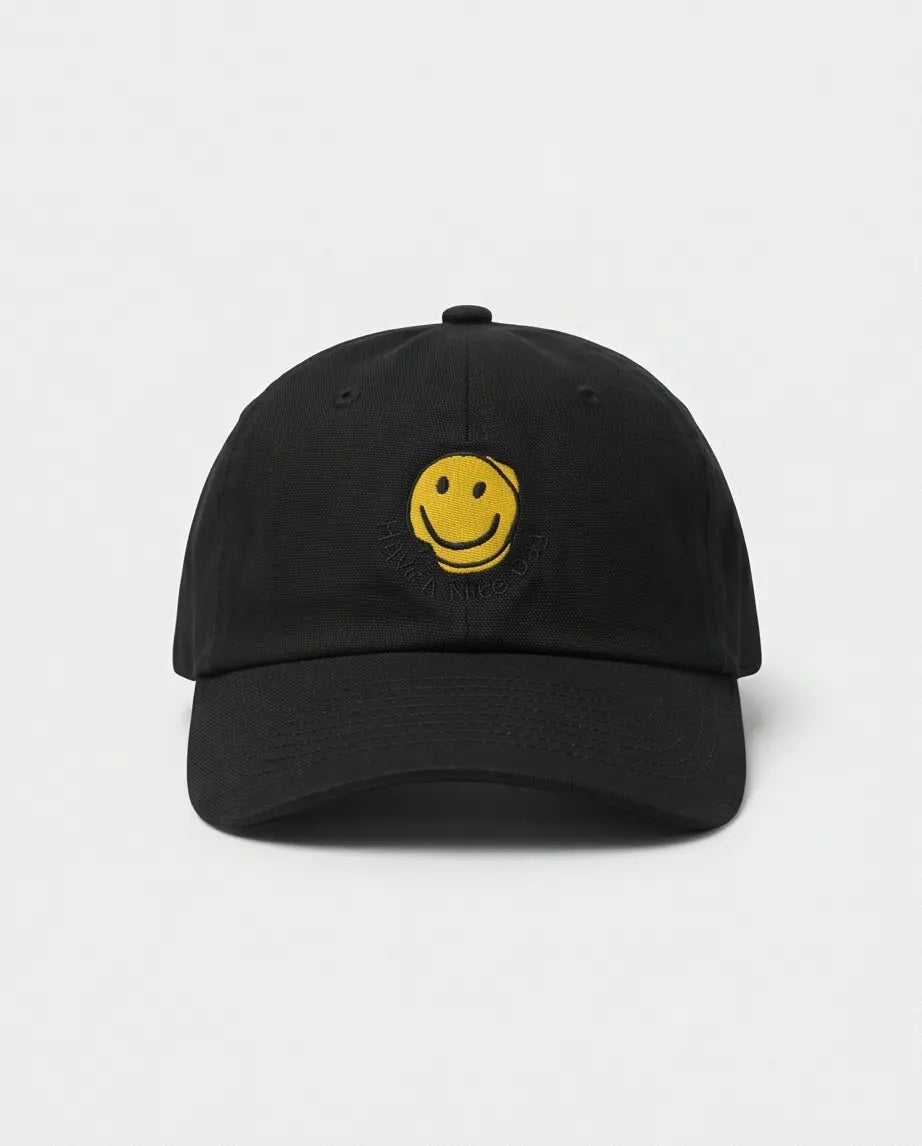 Yellow Smiley Face Embroidered Baseball Cap – Jet Black