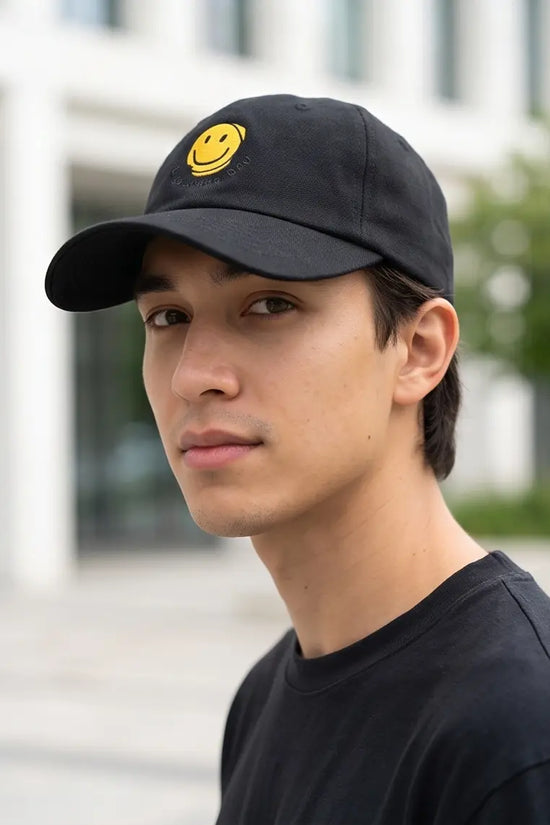 Yellow Smiley Face Embroidered Baseball Cap – Jet Black