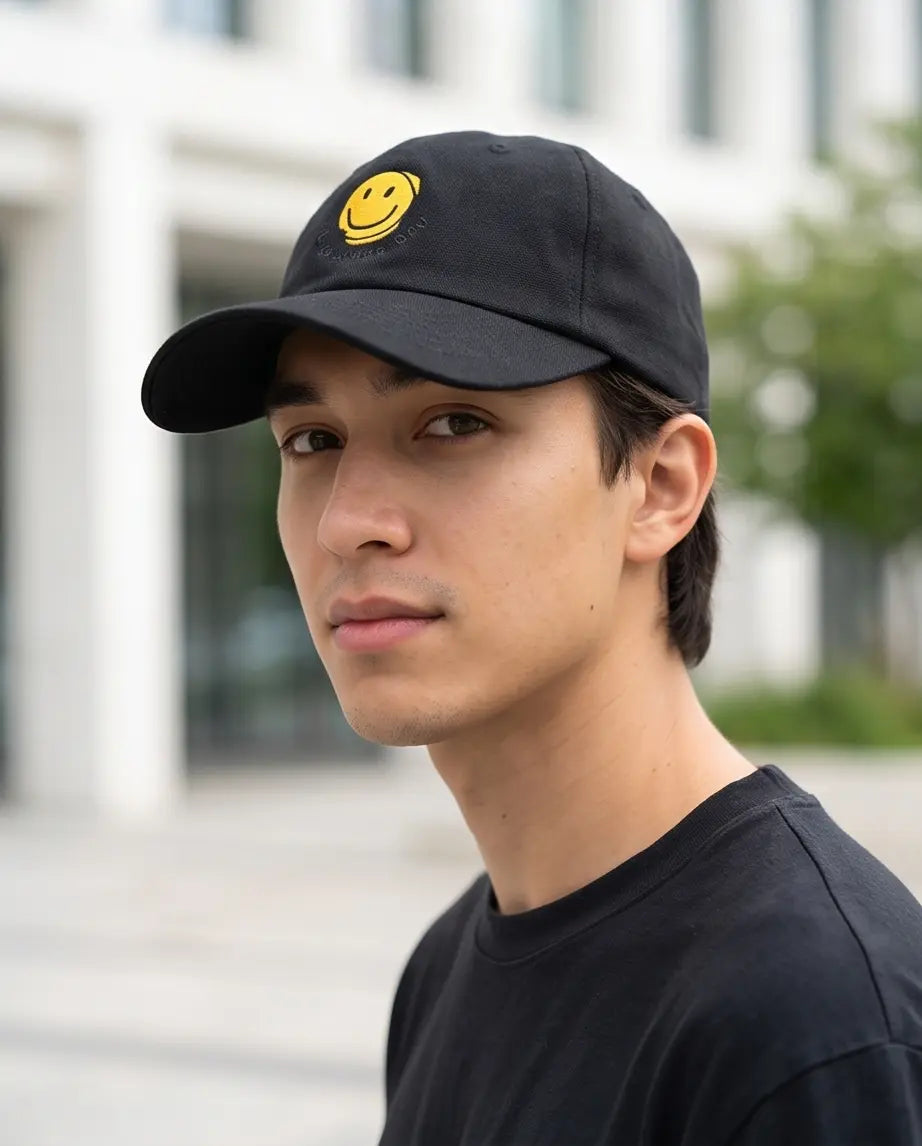 Yellow Smiley Face Embroidered Baseball Cap – Jet Black