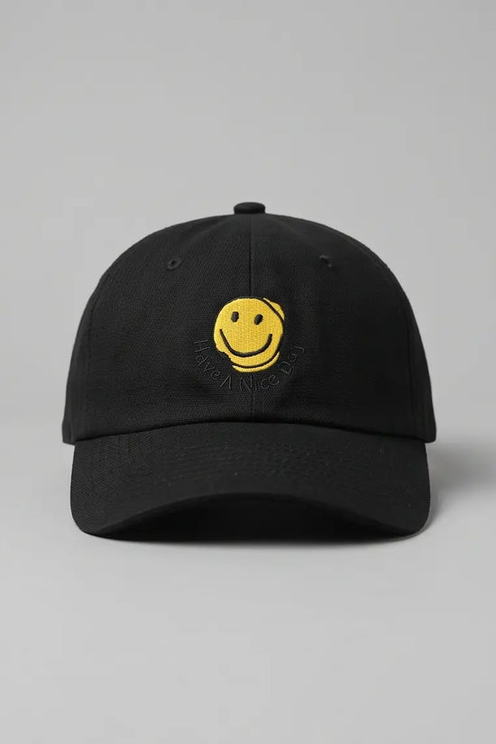 Yellow Smiley Face Embroidered Baseball Cap – Jet Black