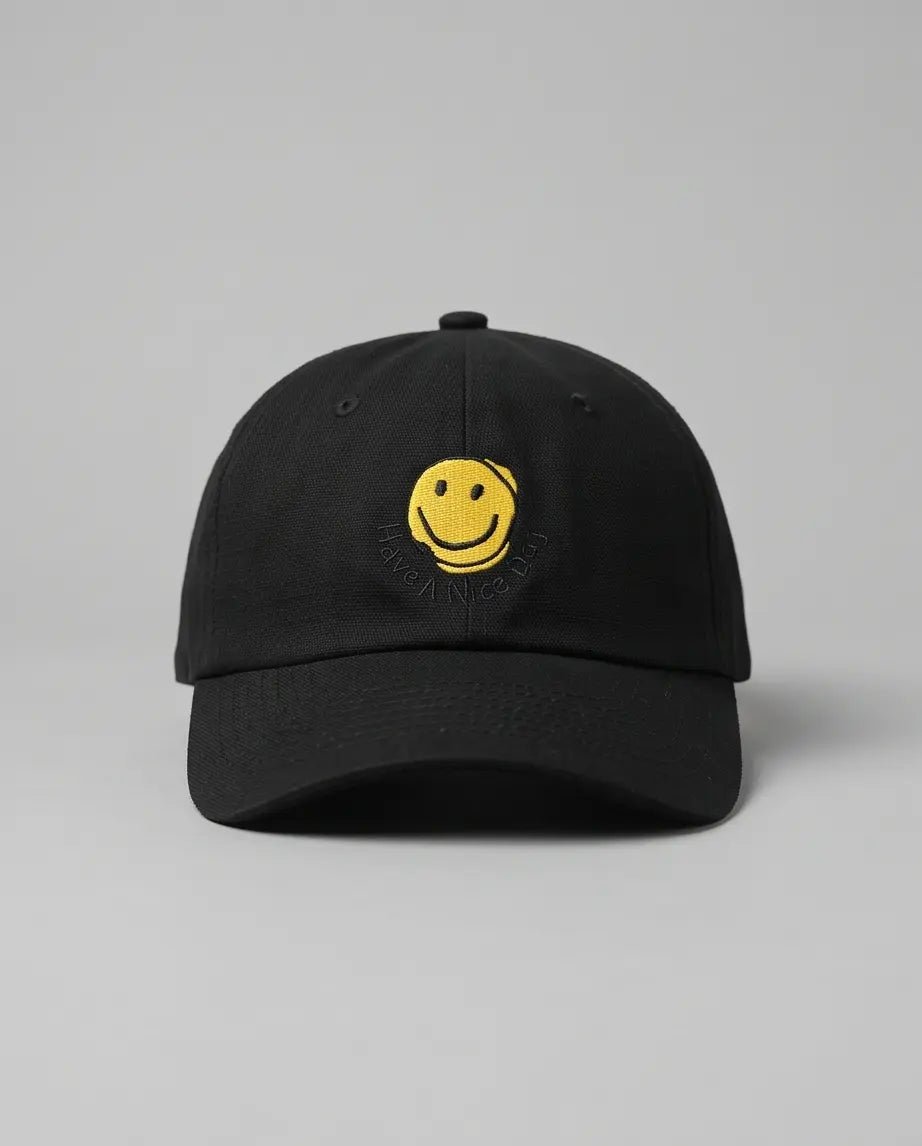 Yellow Smiley Face Embroidered Baseball Cap – Jet Black