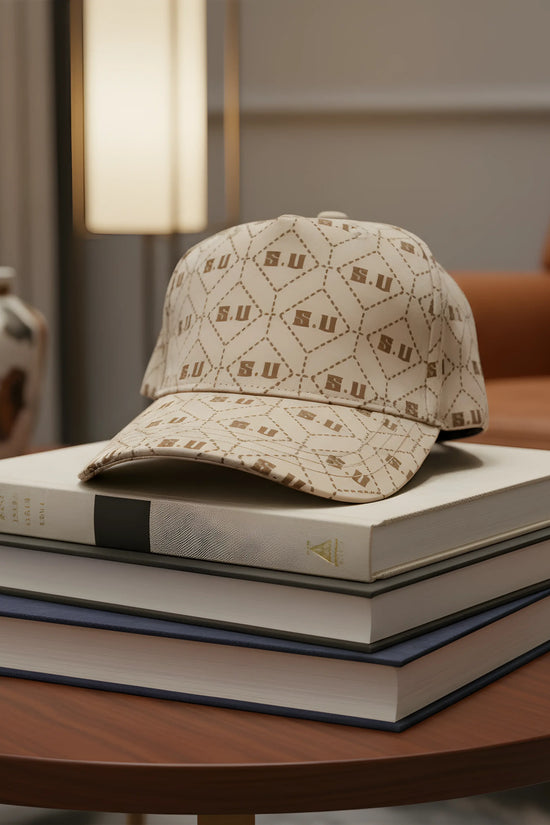 Beige Patterned Baseball Cap with “S.U” Logo