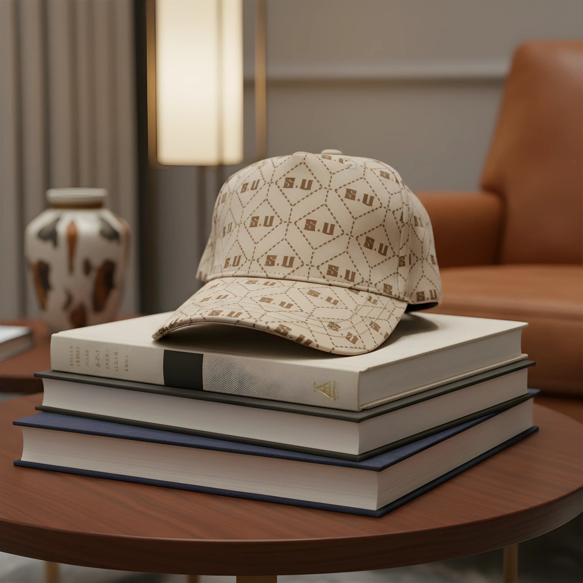Beige Patterned Baseball Cap with “S.U” Logo
