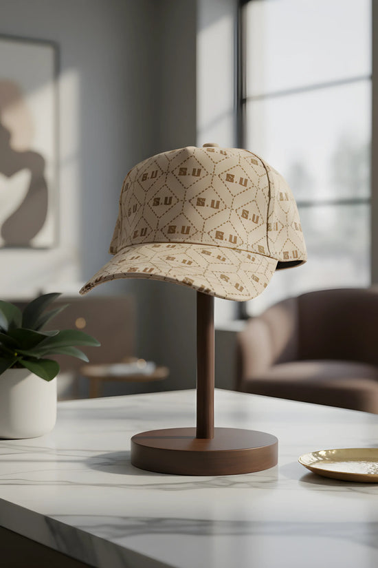 Beige Patterned Baseball Cap with “S.U” Logo
