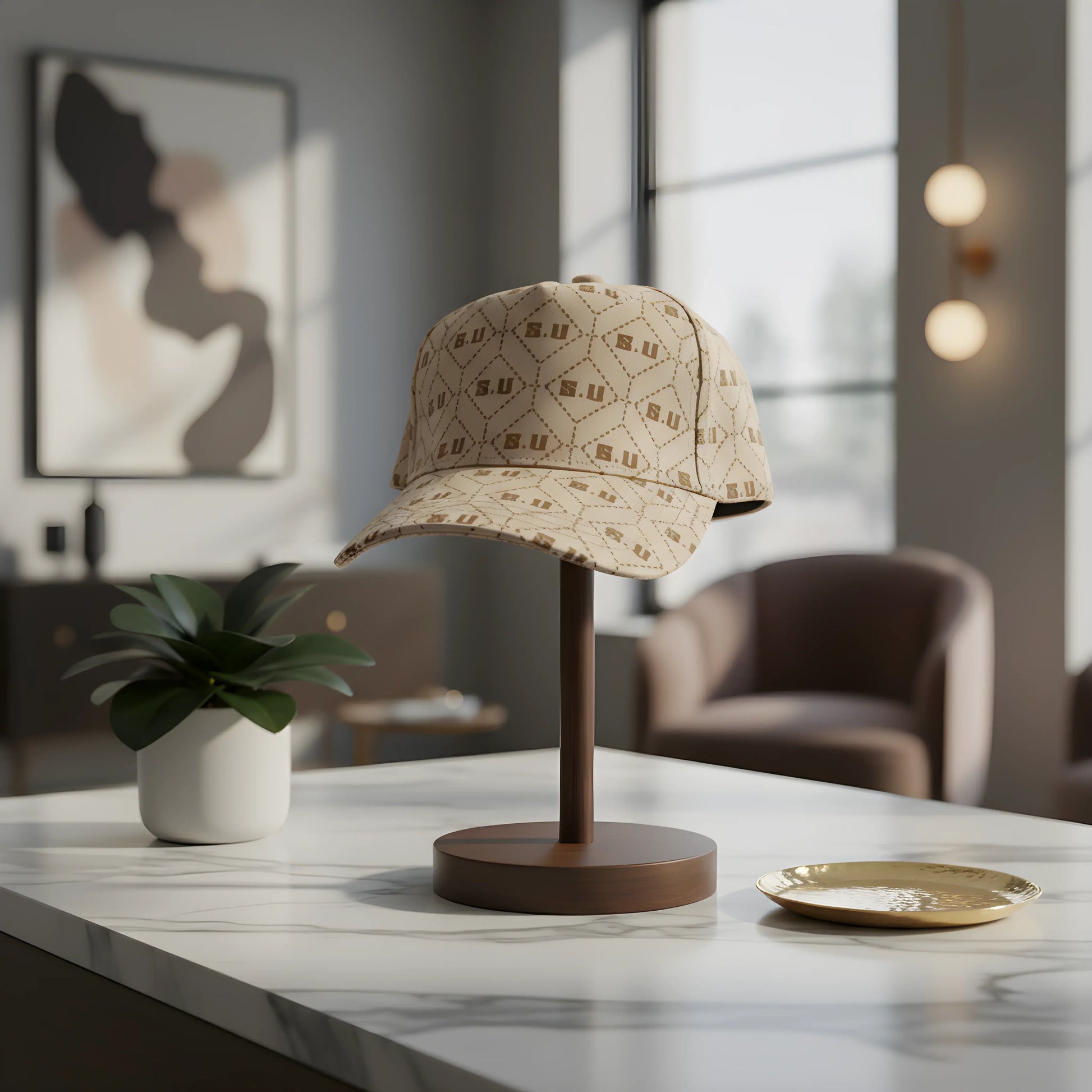 Beige Patterned Baseball Cap with “S.U” Logo