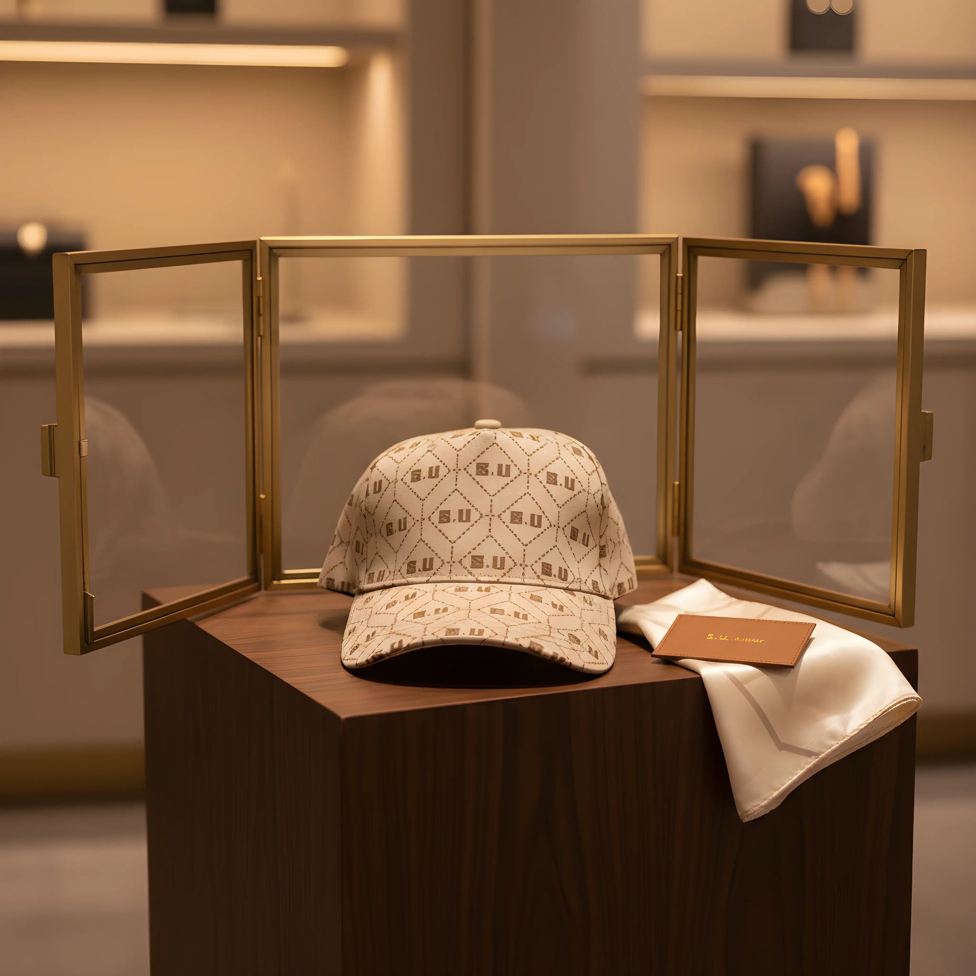 Beige Patterned Baseball Cap with “S.U” Logo