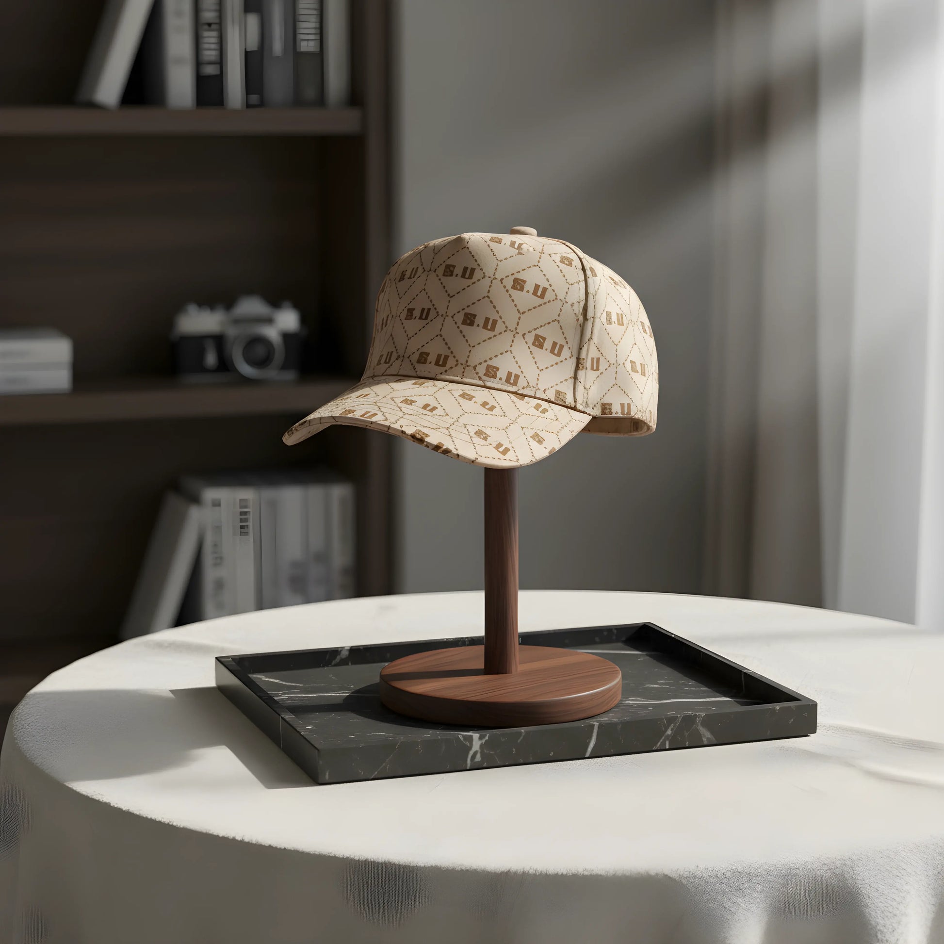 Beige Patterned Baseball Cap with “S.U” Logo