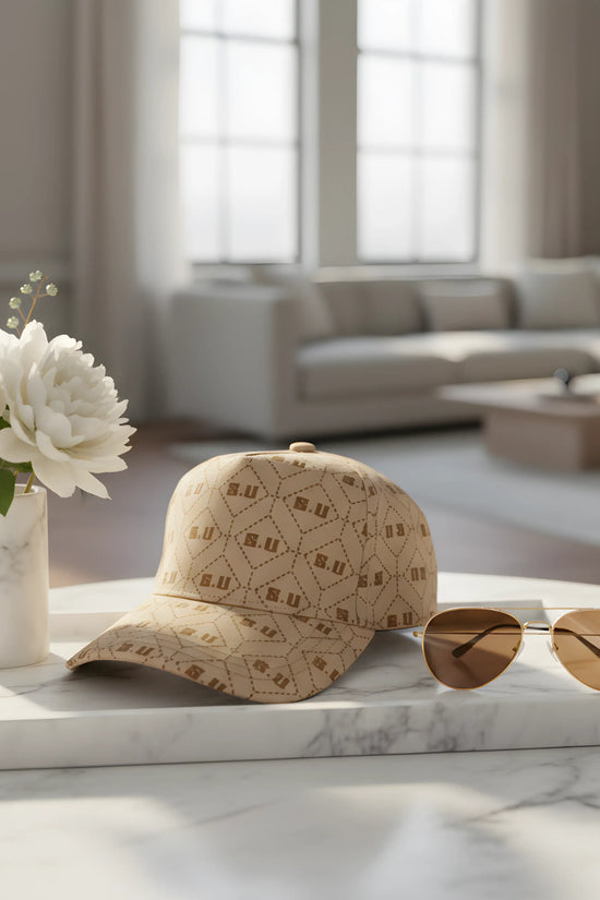 Beige Patterned Baseball Cap with “S.U” Logo