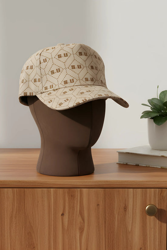 Beige Patterned Baseball Cap with “S.U” Logo