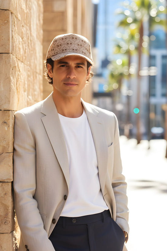Beige Patterned Baseball Cap with “S.U” Logo