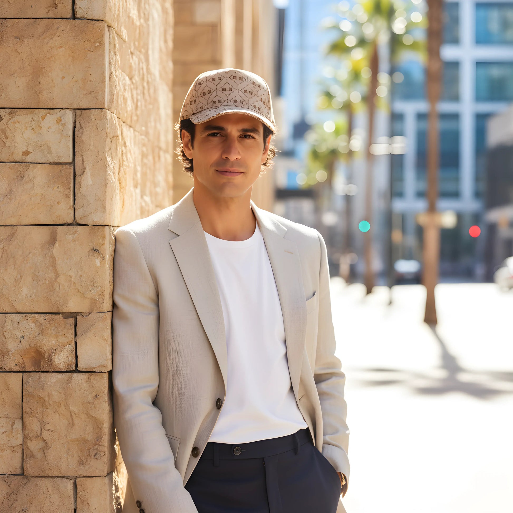 Beige Patterned Baseball Cap with “S.U” Logo