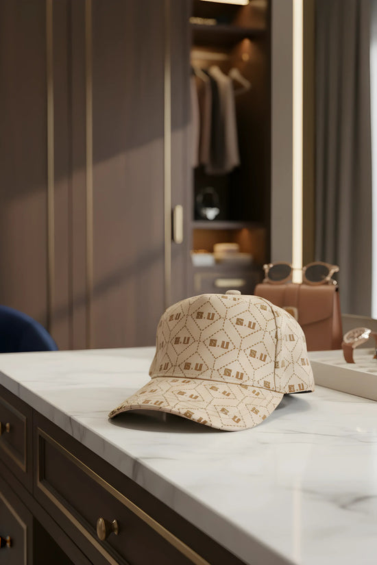 Beige Patterned Baseball Cap with “S.U” Logo