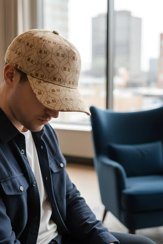 Beige Patterned Baseball Cap with “S.U” Logo