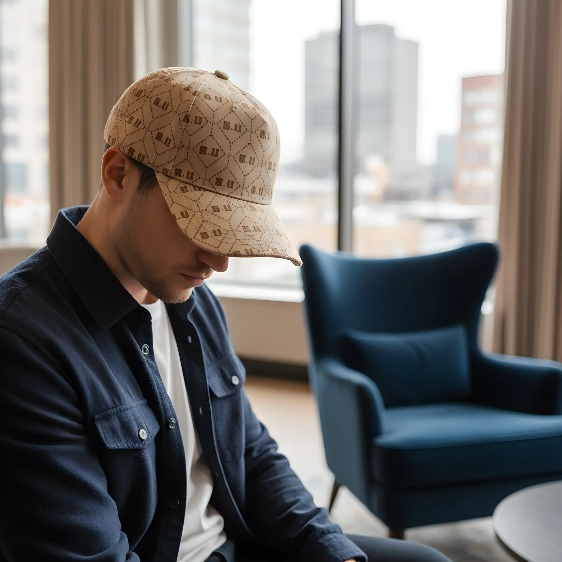 Beige Patterned Baseball Cap with “S.U” Logo