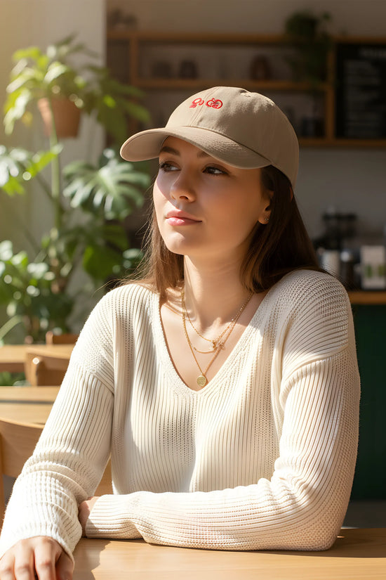 Beige Baseball Cap with Red Embroidery